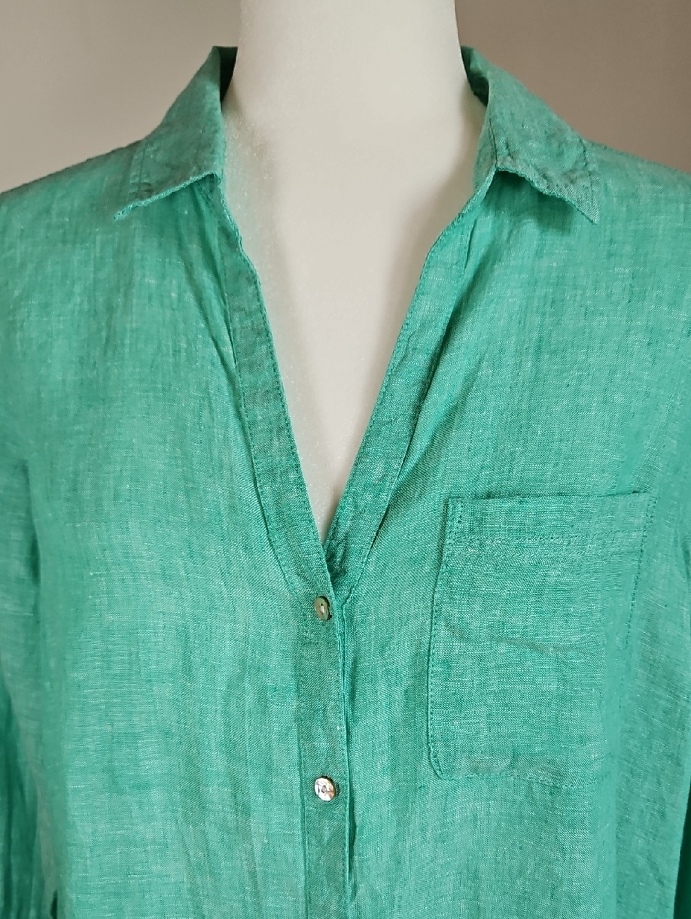 Sigrid Olsen M 100% Linen Green Button Up Roll Tab Option Coastal Euro Summer - Picture 3 of 8